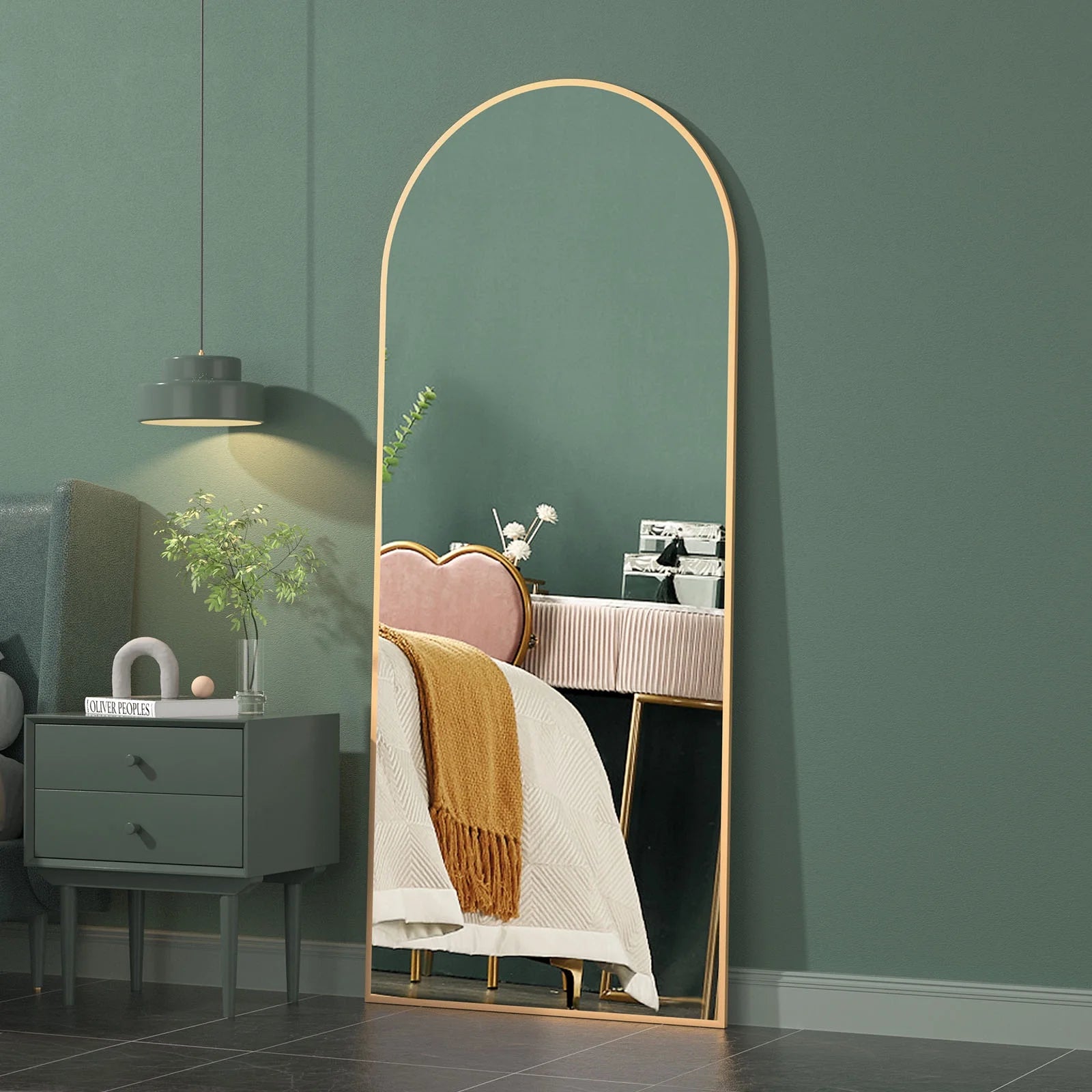 Arched Gold Full-Length Mirror with Stand